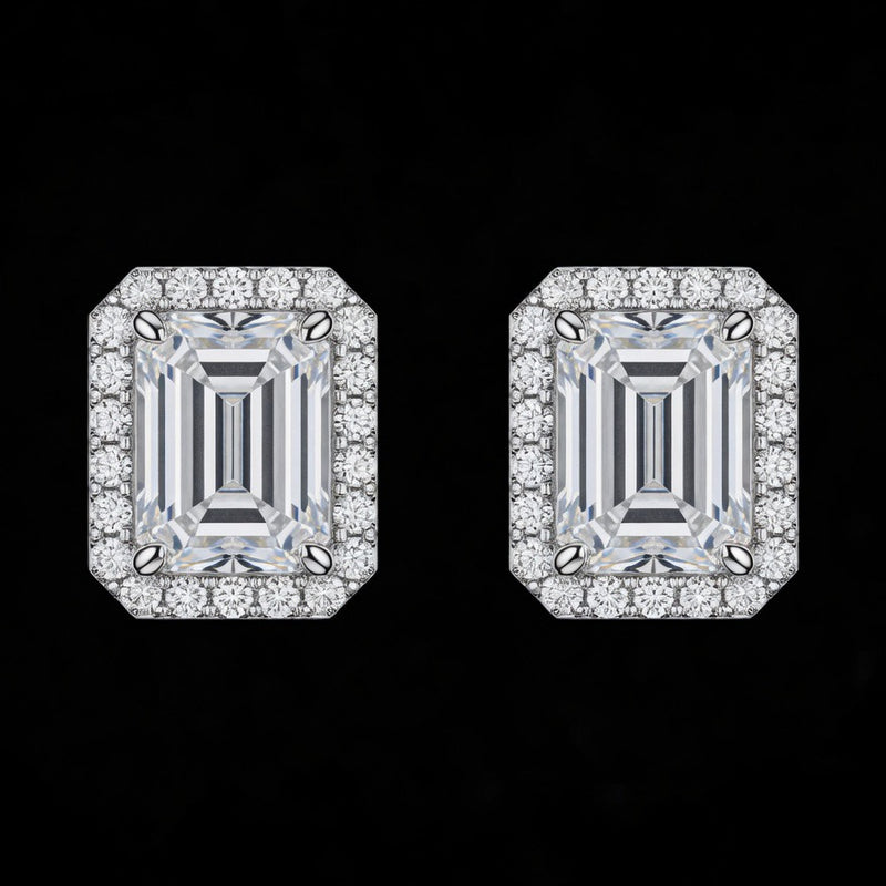 Emerald Cut Halo Diamond Studs