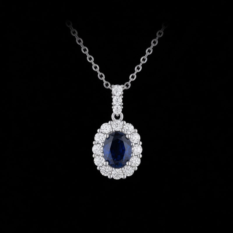 Saphir d'Azur – Royal Sapphire & Diamond Halo Pendant