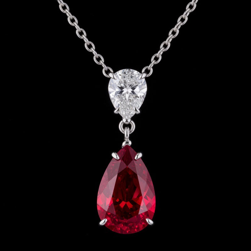 Désir Écarlate – Pear Ruby & Diamond Drop Pendant