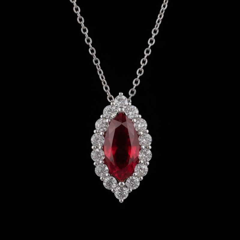 Feu de Grenat – Marquise Ruby Diamond Halo Pendant